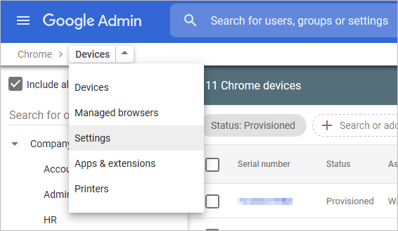 Device settings menu